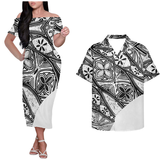 Polynesian Island Tribal Flowers Pattern White Couple Outfits Tropical Style Hung Short Sleeved Dress And Hawaiian Shirt Couple Set