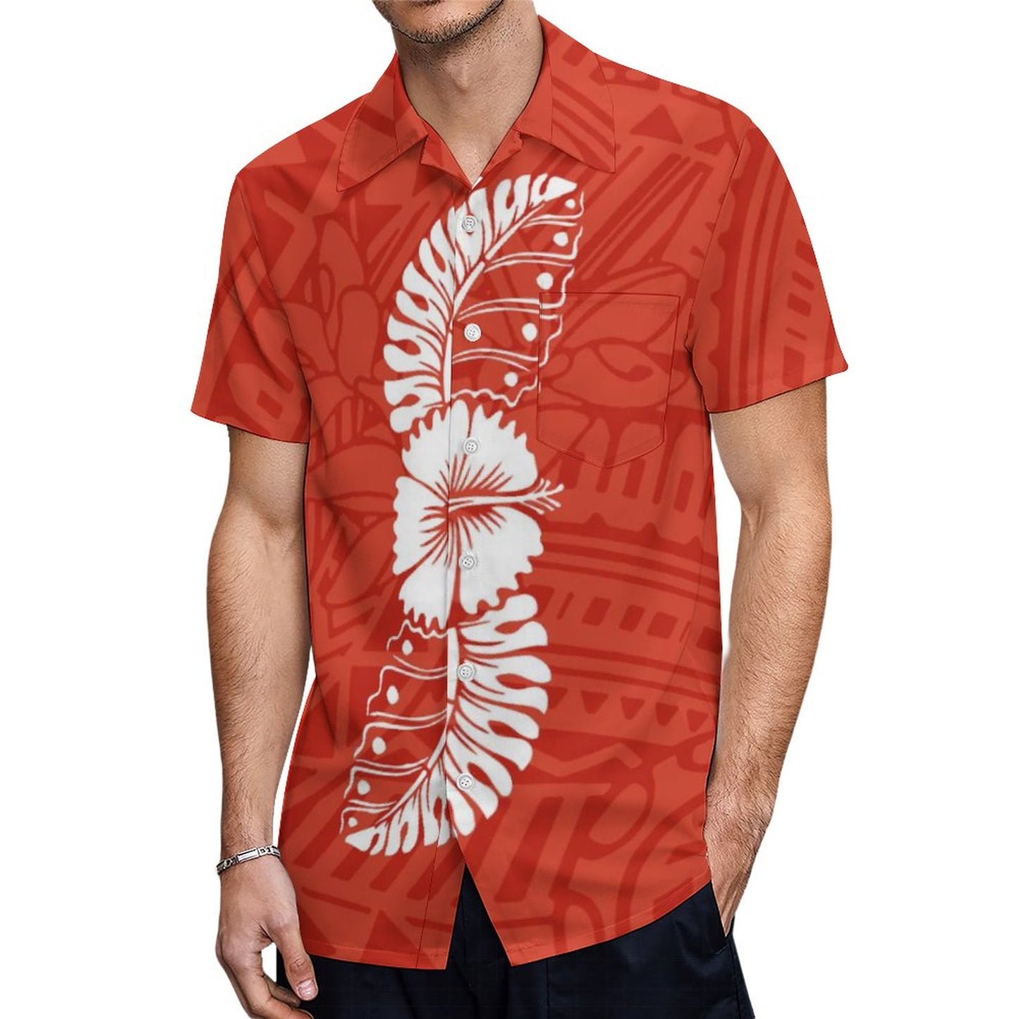 Samoa Polynesian Tribal White Hibiscus Flowers Pattern Printed Hawaiian Shirt Summer Red Short Sleeve Shirt For Him
