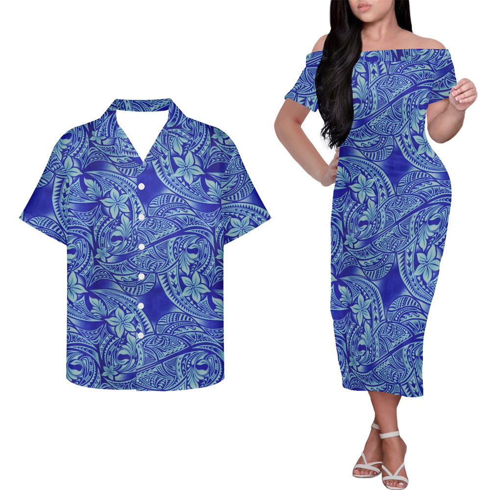 Polynesian Tribal Flowers Pattern Blue Couple Matching Outfits Island Hung Short Sleeved Dress And Hawaiian Shirt Couple Set For Him Her