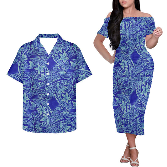 Polynesian Tribal Flowers Pattern Blue Couple Matching Outfits Island Hung Short Sleeved Dress And Hawaiian Shirt Couple Set For Him Her