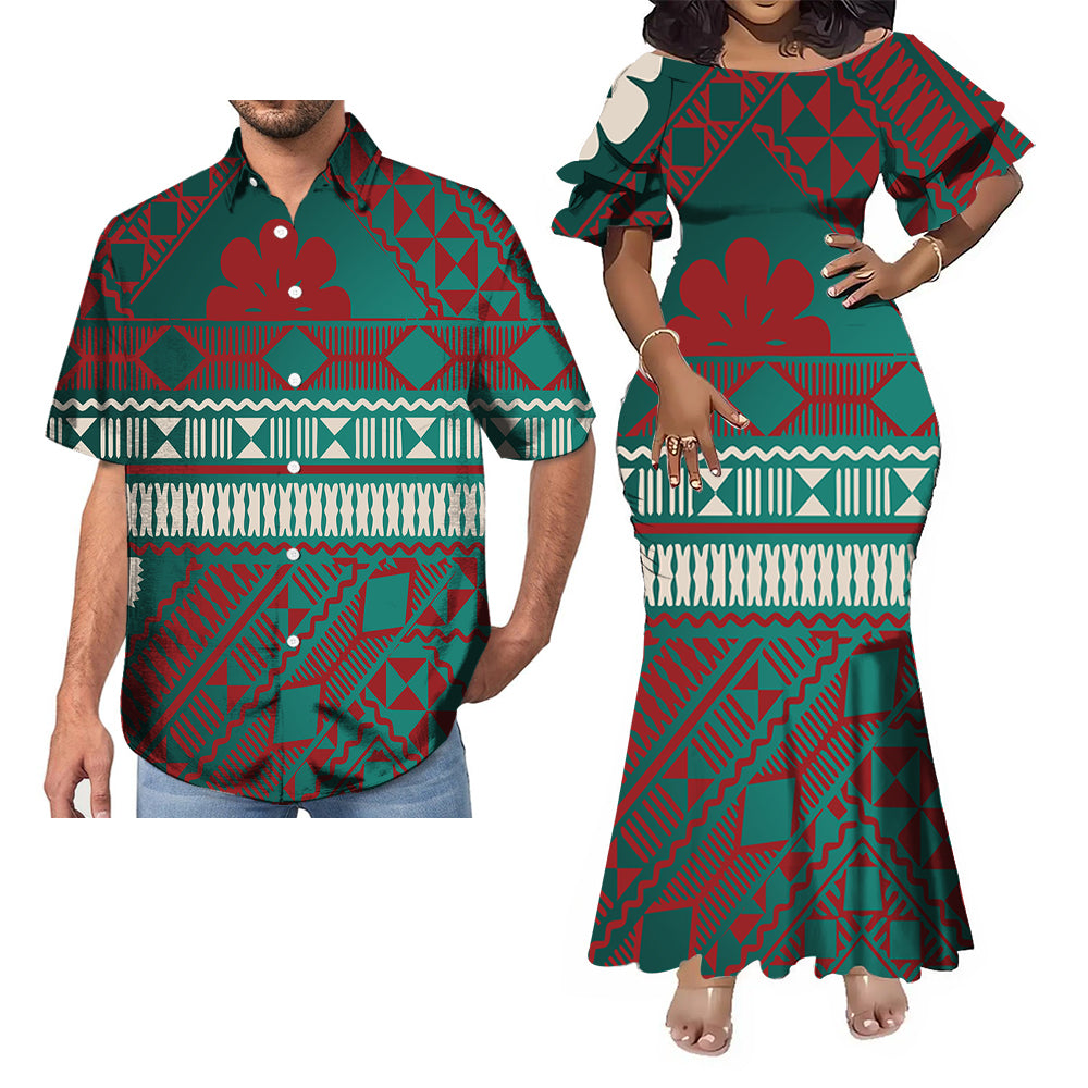 Polynesian Geometric Pattern Green Fishtail Skirt Dress And Hawaii Shirt Couple Set