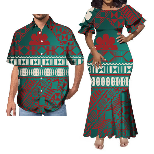 Polynesian Geometric Pattern Green Fishtail Skirt Dress And Hawaii Shirt Couple Set