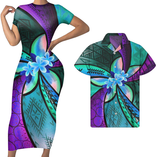 Colorful Polynesian Tribal Plumeria Flower Print Short Sleeve Bodycon Dress Women Match Men Shirts Custom Blue Couple Clothing Set