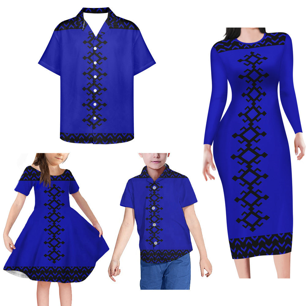 Blue Polynesian Tribal Pattern Matching Family Outfits Bodycon Long Sleeve Dress For Her And Shirt For Him Girl Dress Kids