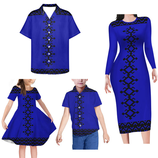 Blue Polynesian Tribal Pattern Matching Family Outfits Bodycon Long Sleeve Dress For Her And Shirt For Him Girl Dress Kids