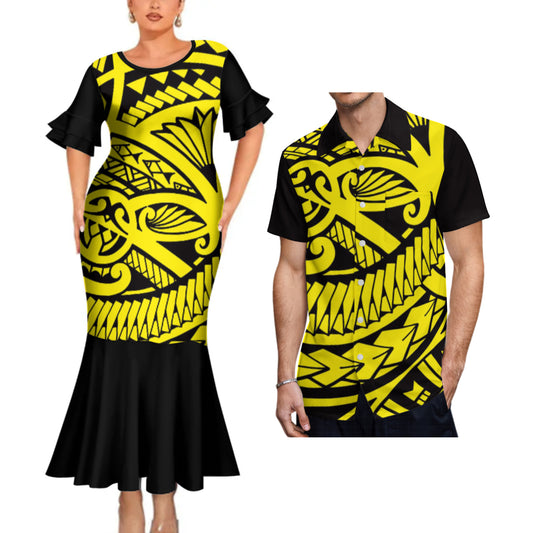 Yellow Polynesian Tribal Mermaid Bodycon Dresses and Shirt Island Vibe Matching Outfit