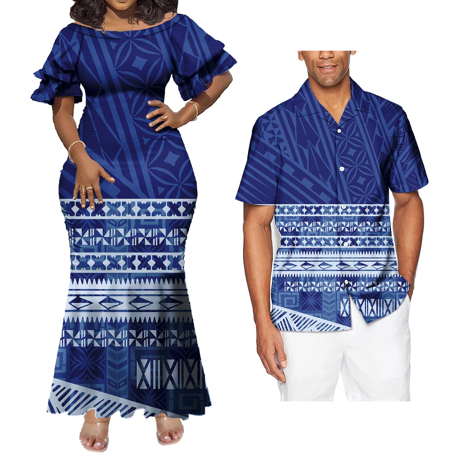 Mermaid Bodycon Dresses and Hawaiian Shirt Geometric Polynesian Pattern Blue Matching Outfit