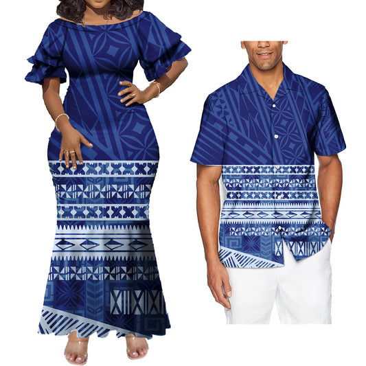 Mermaid Bodycon Dresses and Hawaiian Shirt Geometric Polynesian Pattern Blue Matching Outfit