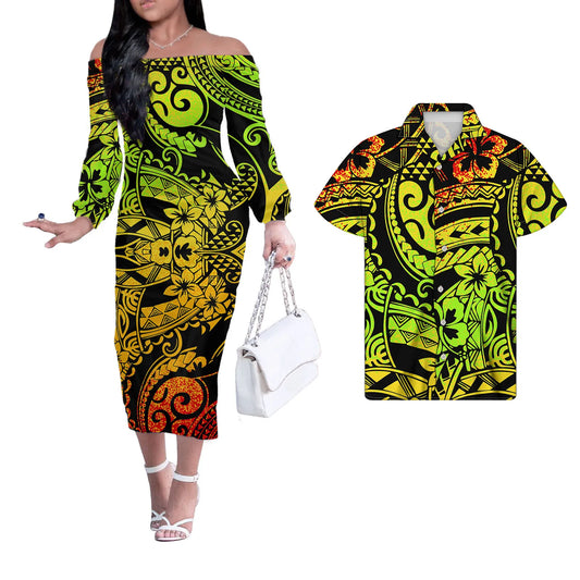 Reggae Polynesian Tribal Flower Pattern Matching Couple Outfit Men Shirts and Dress Off Shoulder Long Dresses for Women