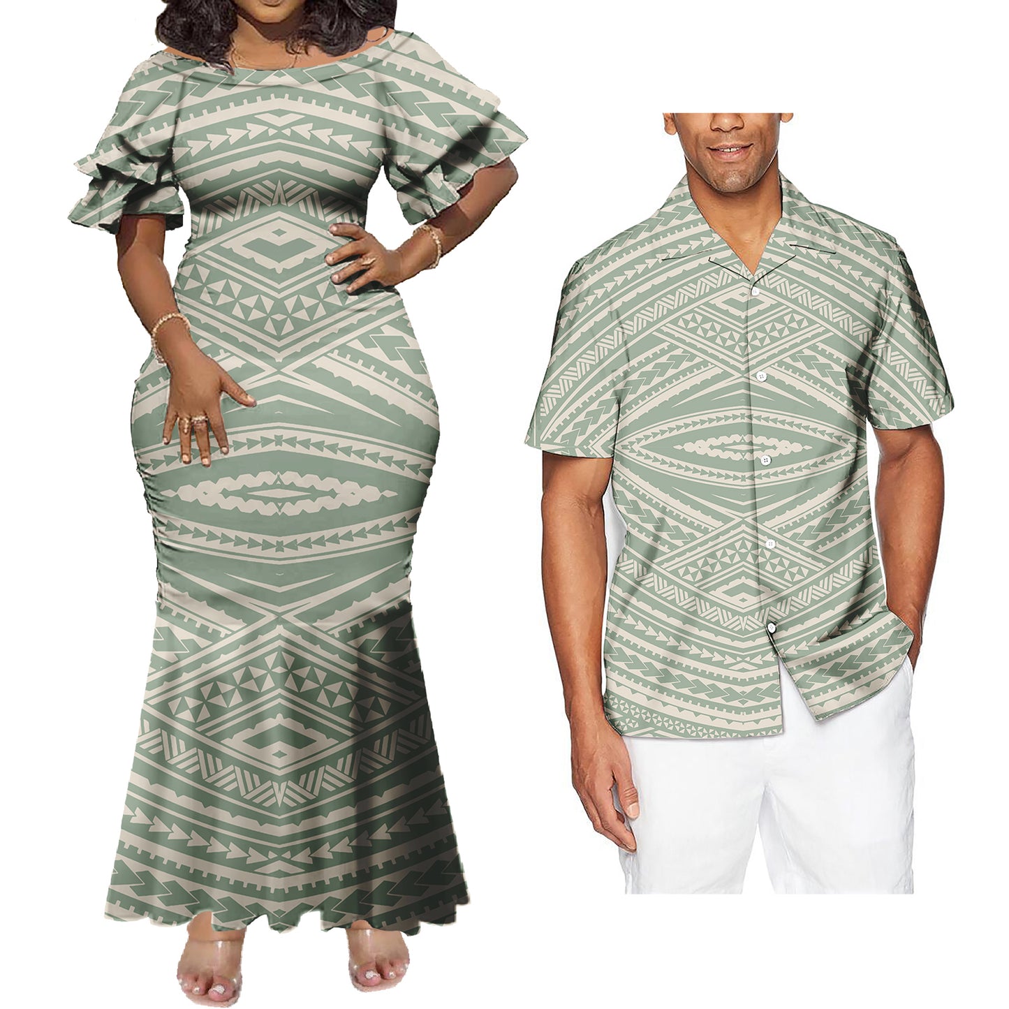 Polynesian Tribal Pattern Couple Matching Outfit Island Fishtail Skirt Dress And Shirt