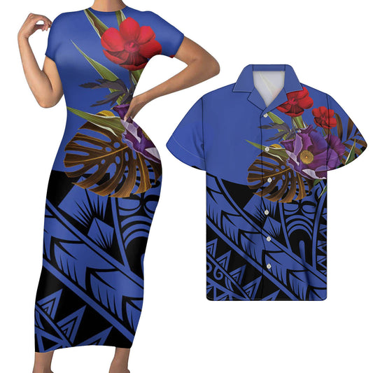 Polynesian Blue Flowers Pattern Outfit For Couples Tight Short Sleeve Dress Style Men Long Sleeve Shirt Couple Outfit