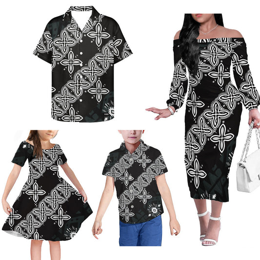 Black Geometric Polynesian Pattern Matching Outfit For Family Dress Hawaiian Shirt For Her Him