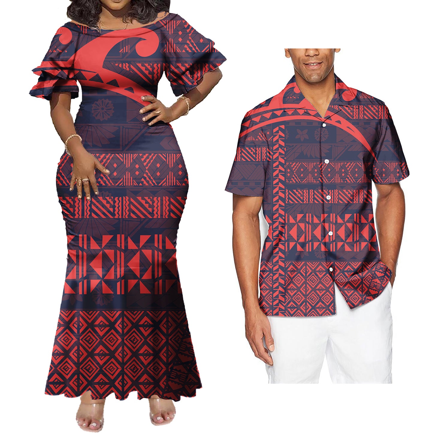 Polynesian Tribal Geometric Pattern Couple Matching Outfit Island Fishtail Skirt Dress And Shirt