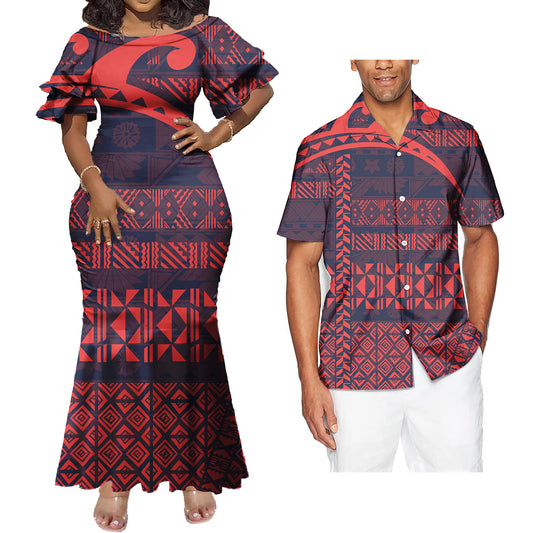 Polynesian Tribal Geometric Pattern Couple Matching Outfit Island Fishtail Skirt Dress And Shirt