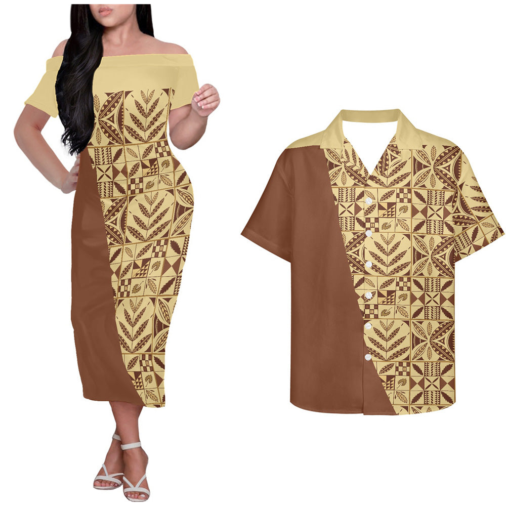 Polynesian Tribal Island Pattern Vintage Couple Outfits Tropical Style Hung Short Sleeved Dress And Hawaiian Shirt Couple Set