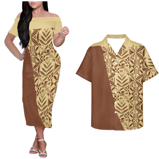Polynesian Tribal Island Pattern Vintage Couple Outfits Tropical Style Hung Short Sleeved Dress And Hawaiian Shirt Couple Set