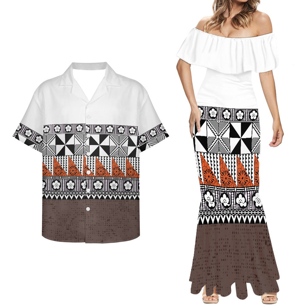 Polynesian Tribal Pattern White Combo Mermaid Dress and Hawaiian Shirt Matching Couples Outfit