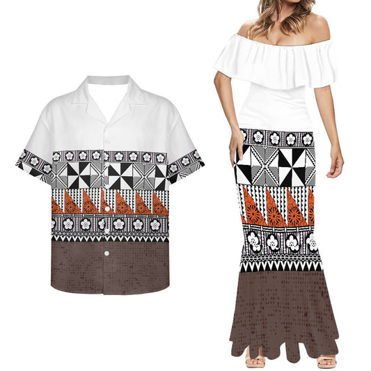 Polynesian Tribal Pattern White Combo Mermaid Dress and Hawaiian Shirt Matching Couples Outfit