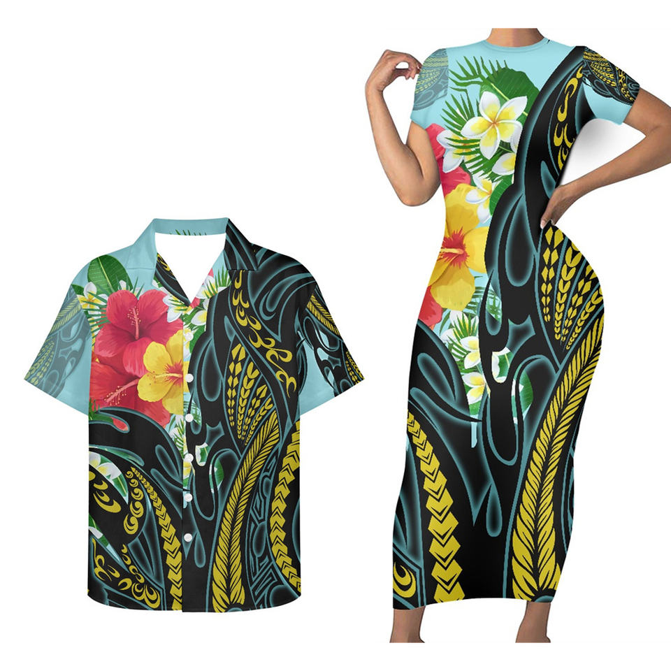 Hawaii Matching Outfit For Couples Plumeria Flowers Polynesian Tribal Bodycon Dress And Hawaii Shirt