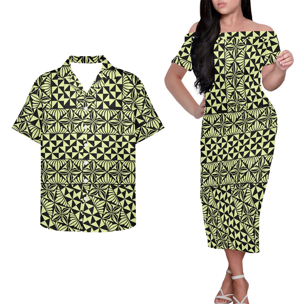 Polynesian Tribal Geometric Pattern Couple Outfits Pacific Island Hung Short Sleeved Dress And Hawaiian Shirt For Her Him