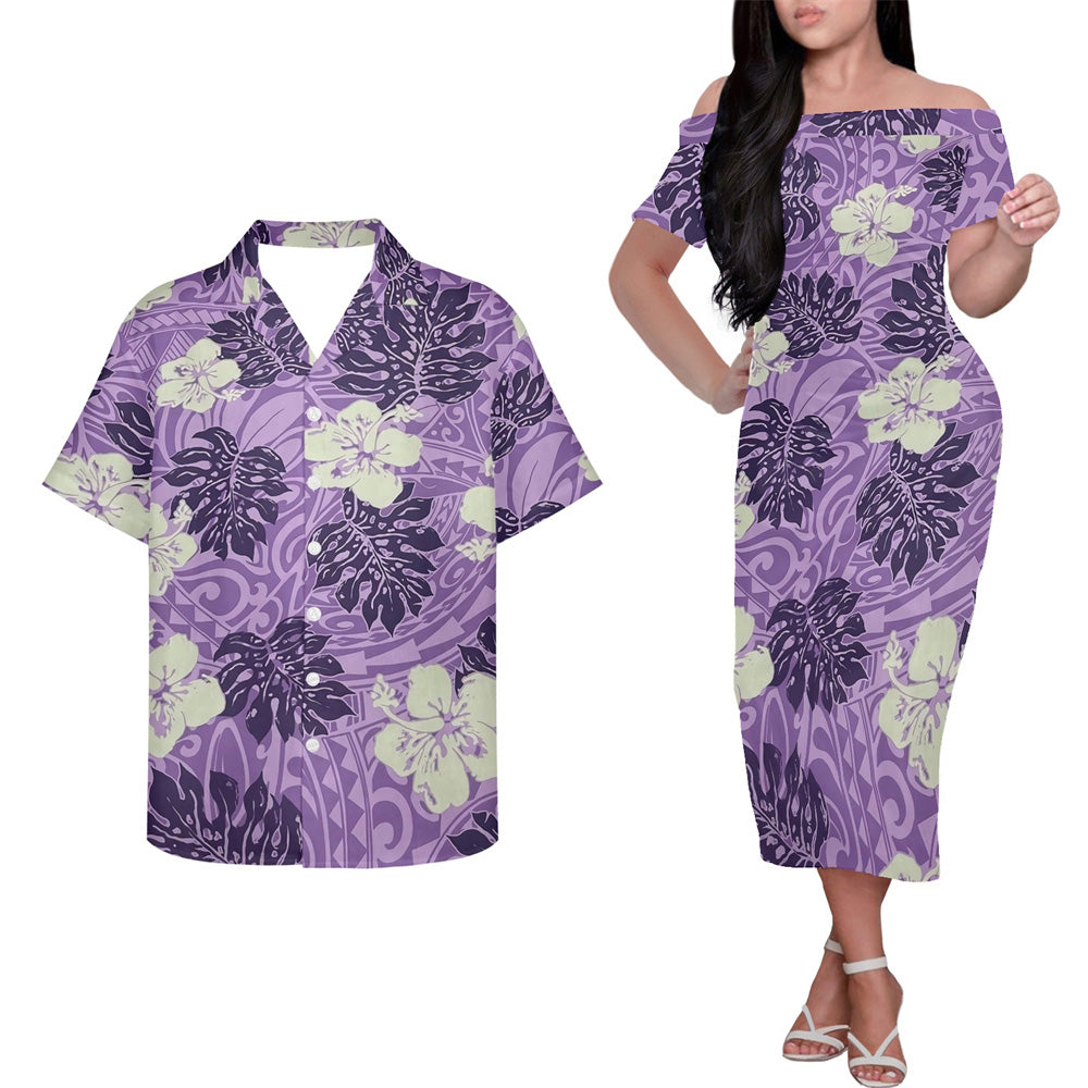 Polynesian Hibiscus Flowers Tropical Pattern Couple Matching Outfits Island Hung Short Sleeved Dress And Hawaiian Shirt Couple Set
