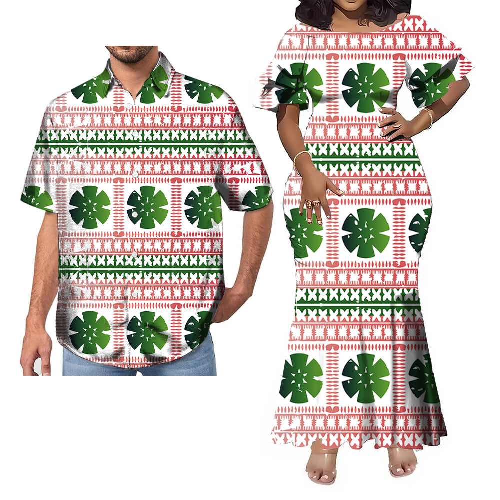 Polynesian Tribal Geometric Pattern Party Fishtail Skirt Dress And Shirt Matching Couple Outfit