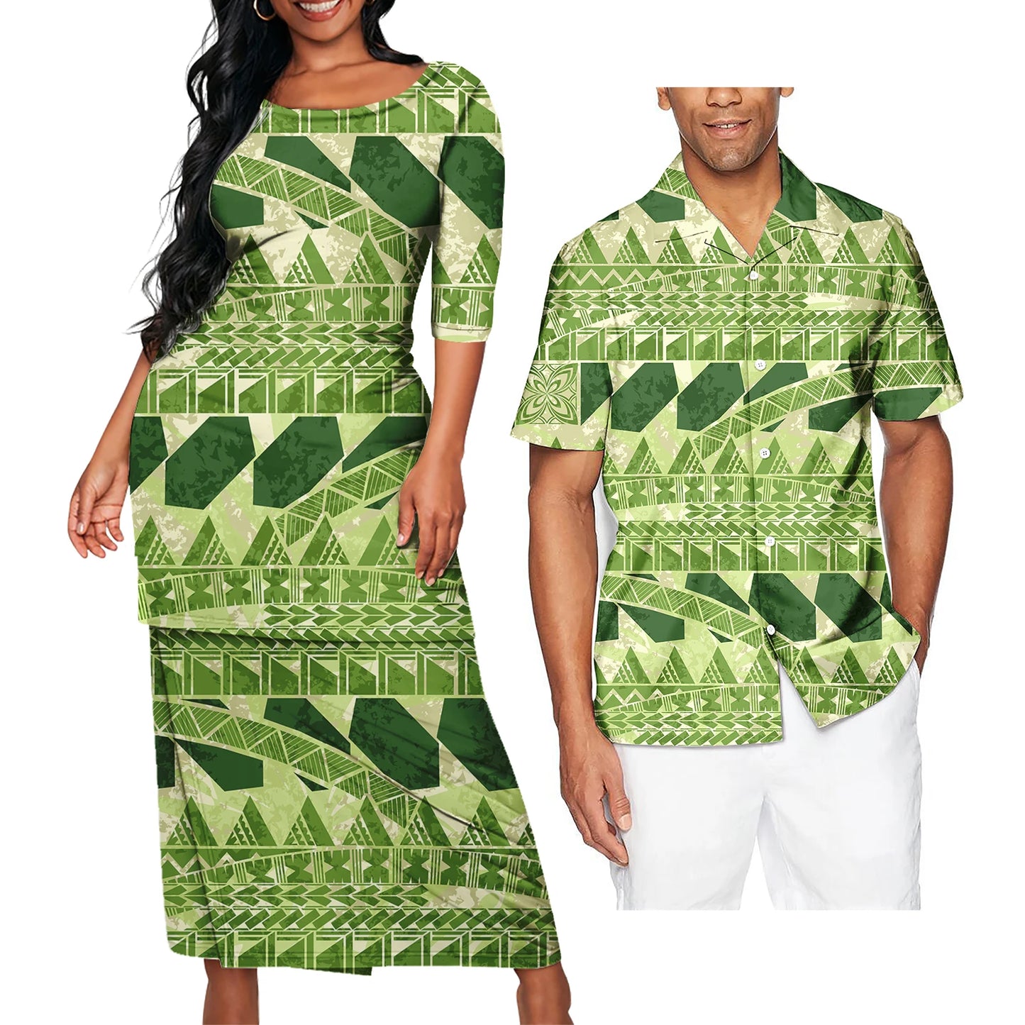 Polynesian Tribal Pattern Green Clothing Set Samoan Print Polynesian Tribal Matching Couple Outfit For Him Her