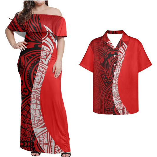 Polynesian Tribal Red Matching Outfit Combo Off Shoulder Dress and Hawaiian Shirt