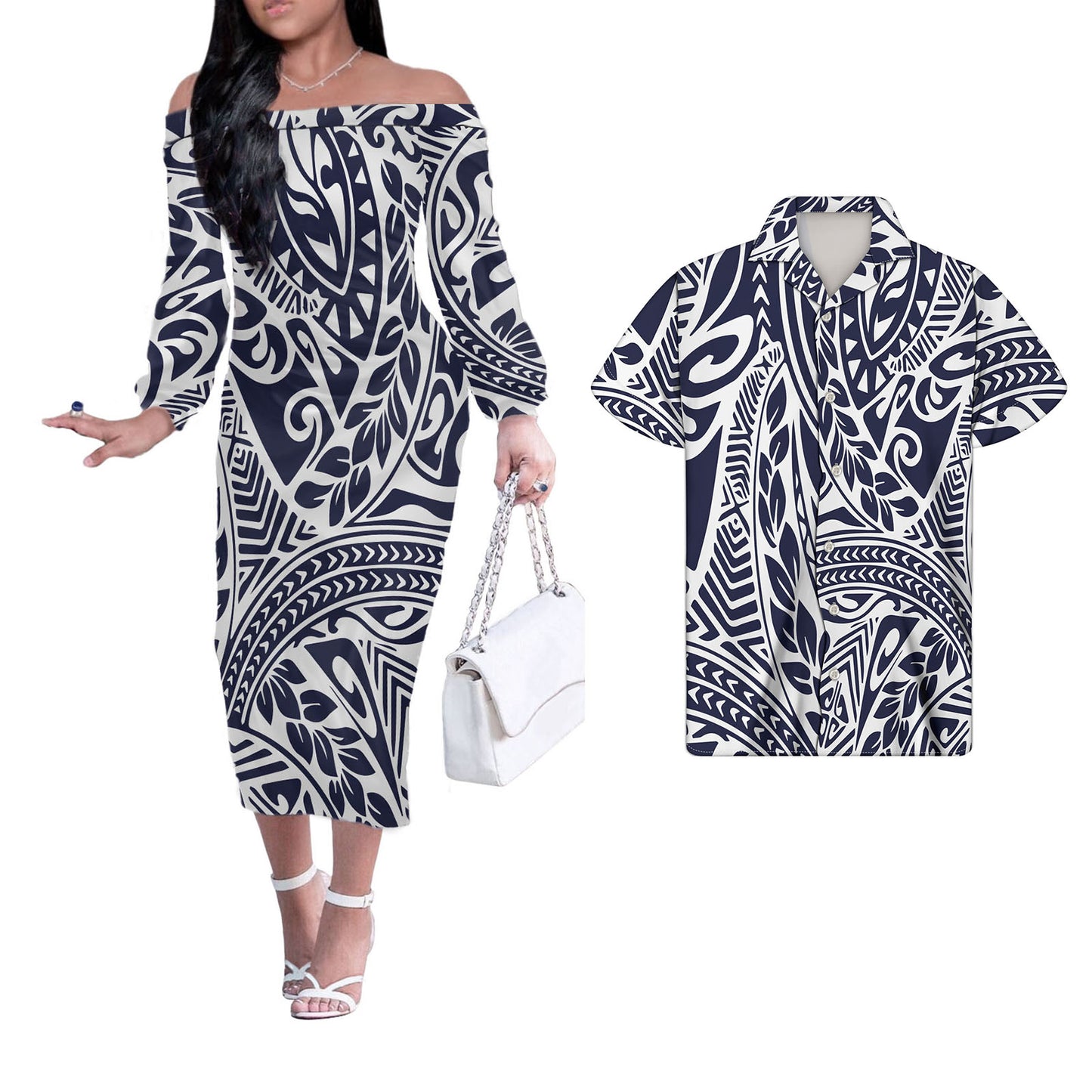 Polynesian Tribal Tropical Flowers Tropical Pattern Couple Matching Outfits Men Shirts and Dress Off Shoulder Long Dresses for Women