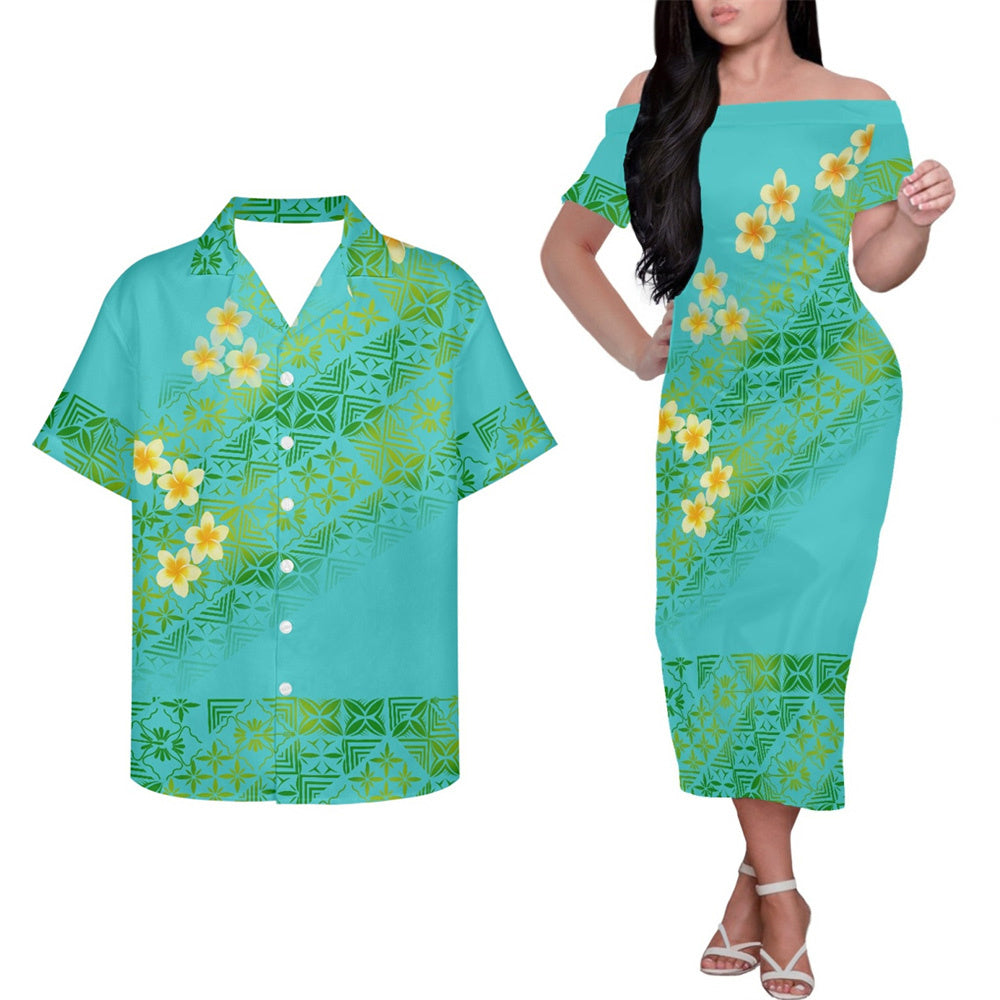 Polynesian Island Tribal Flowers Pattern Couple Outfits Tropical Green Hung Short Sleeved Dress And Hawaiian Shirt Party Outfit Set