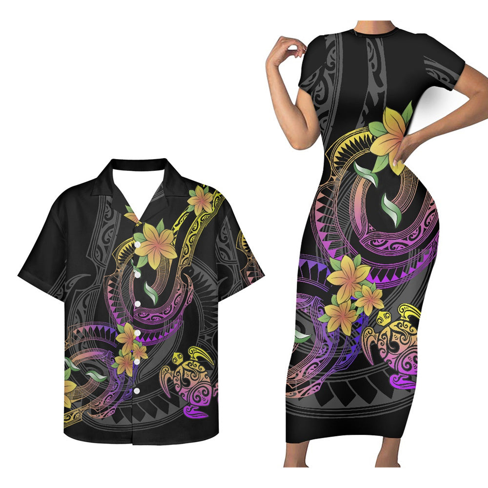 Polynesian Turtle Pattern Matching Outfit For Couple Polynesian Tribal Tight Short Sleeve Dress And Hawaiian Shirt For Her Him