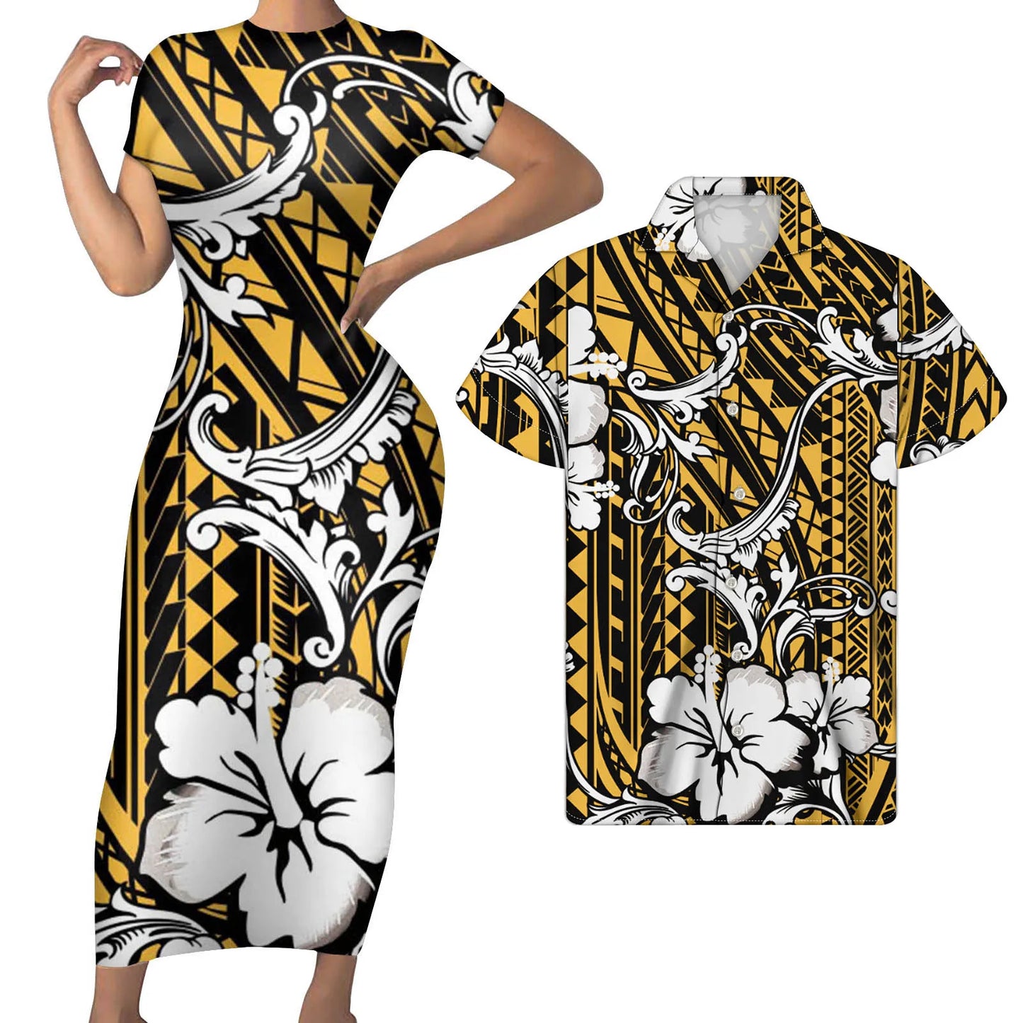Polynesian Hibiscus Flowers Pattern Outfit For Couples Tight Short Sleeve Dress Style Men Long Sleeve Shirt Couple Outfit For Her Him