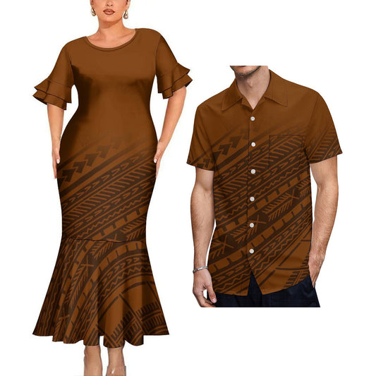 Brown Polynesian Tribal Mermaid Bodycon Dresses and Shirt Tropical Matching Outfit