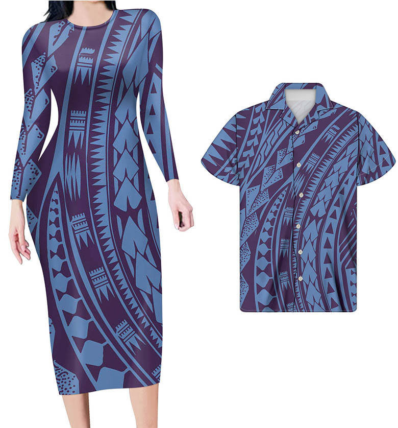 Matching Hawaiian Clothes For Couples Polynesian Tribal Orange Blue Black Bodycon Dress And Hawaii Shirt