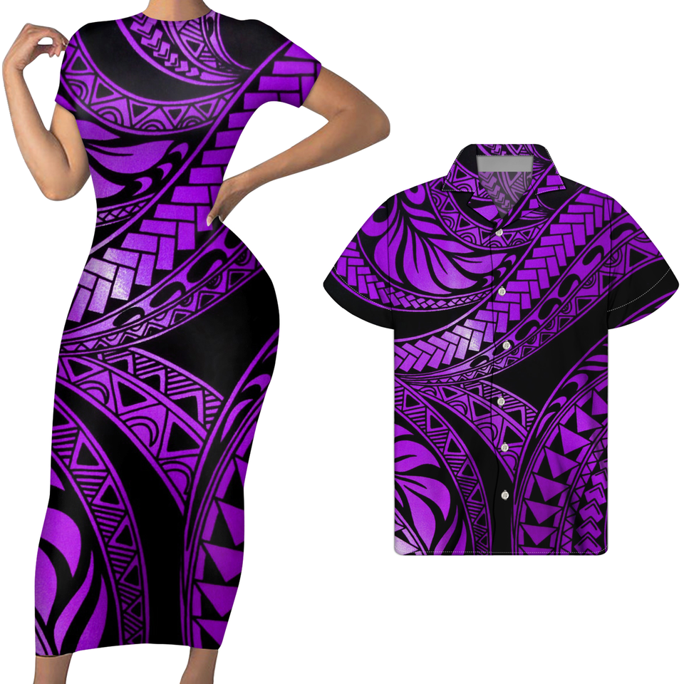 Polynesian Hawaii Matching Outfit For Couples Polynesian Tribal Purple Bodycon Dress And Hawaii Shirt