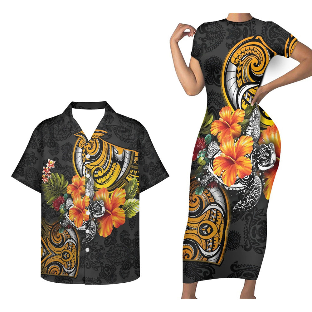 Polynesian Tropical Flowers Pattern Matching Outfit For Couple Polynesian Tribal Tight Short Sleeve Dress And Hawaiian Shirt For Her Him