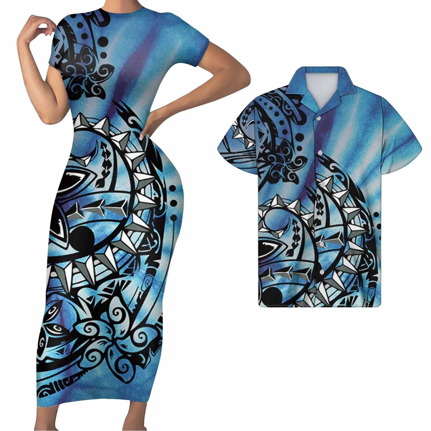 Polynesian Pattern Outfit For Couples Tight Short Sleeve Dress Style Men Long Sleeve Shirt Couple Outfit For Her Him