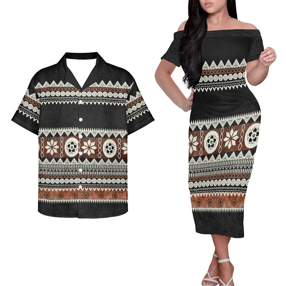 Polynesian Tribal Printed Geometric Pattern Black Couple Outfits Pacific Island Hung Short Sleeved Dress And Hawaiian Shirt For Her Him