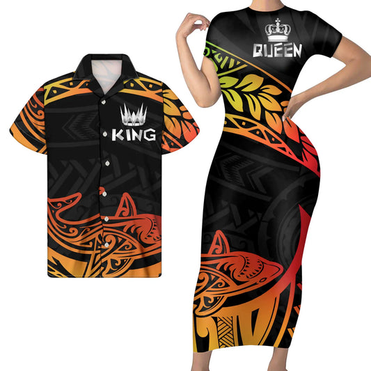 Reggae Polynesian Hammerhead Shark Pattern Matching Outfit For Couples Tight Short Sleeve Dress Style Men Long Sleeve Shirt