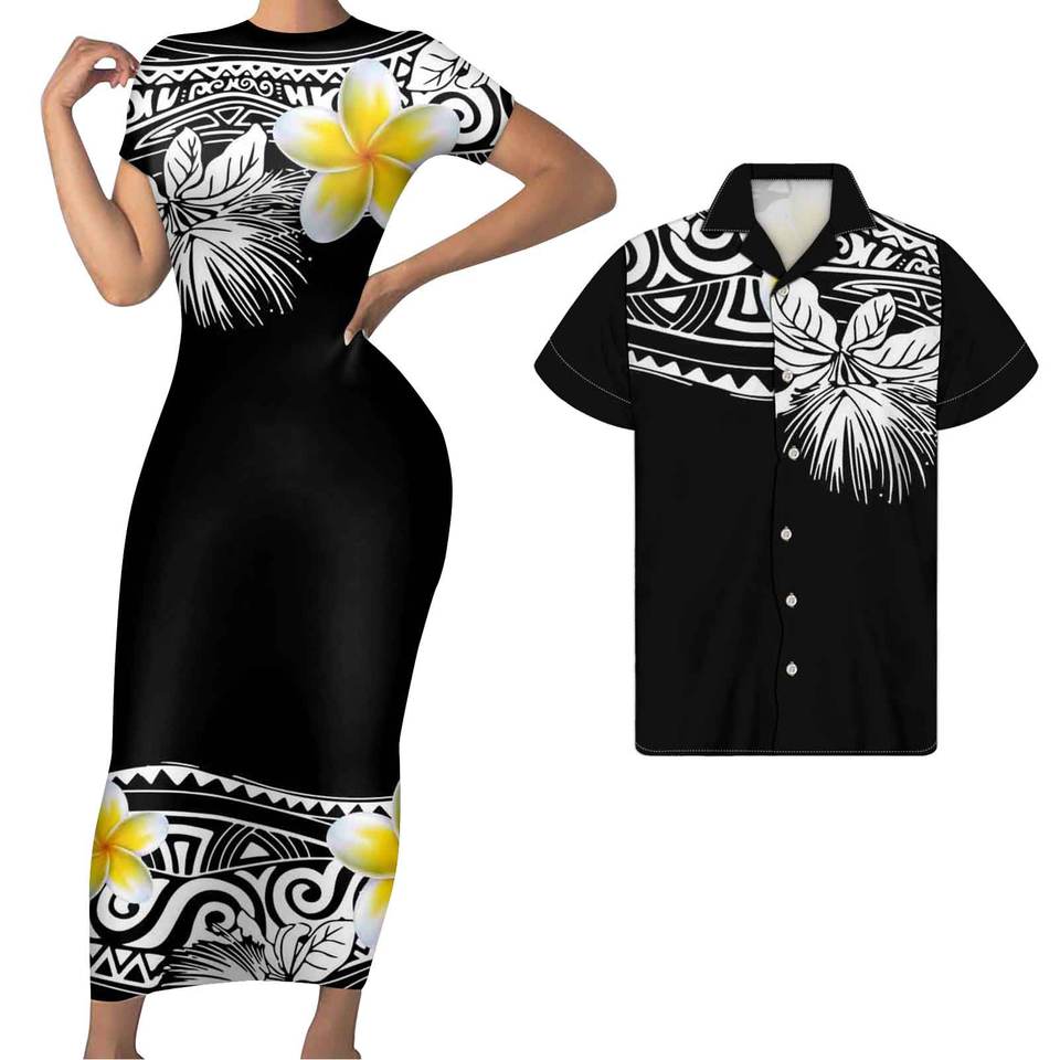 Polynesian Plumeria Hawaii Matching Outfit For Couples Polynesian Tribal Bodycon Dress And Hawaii Shirt