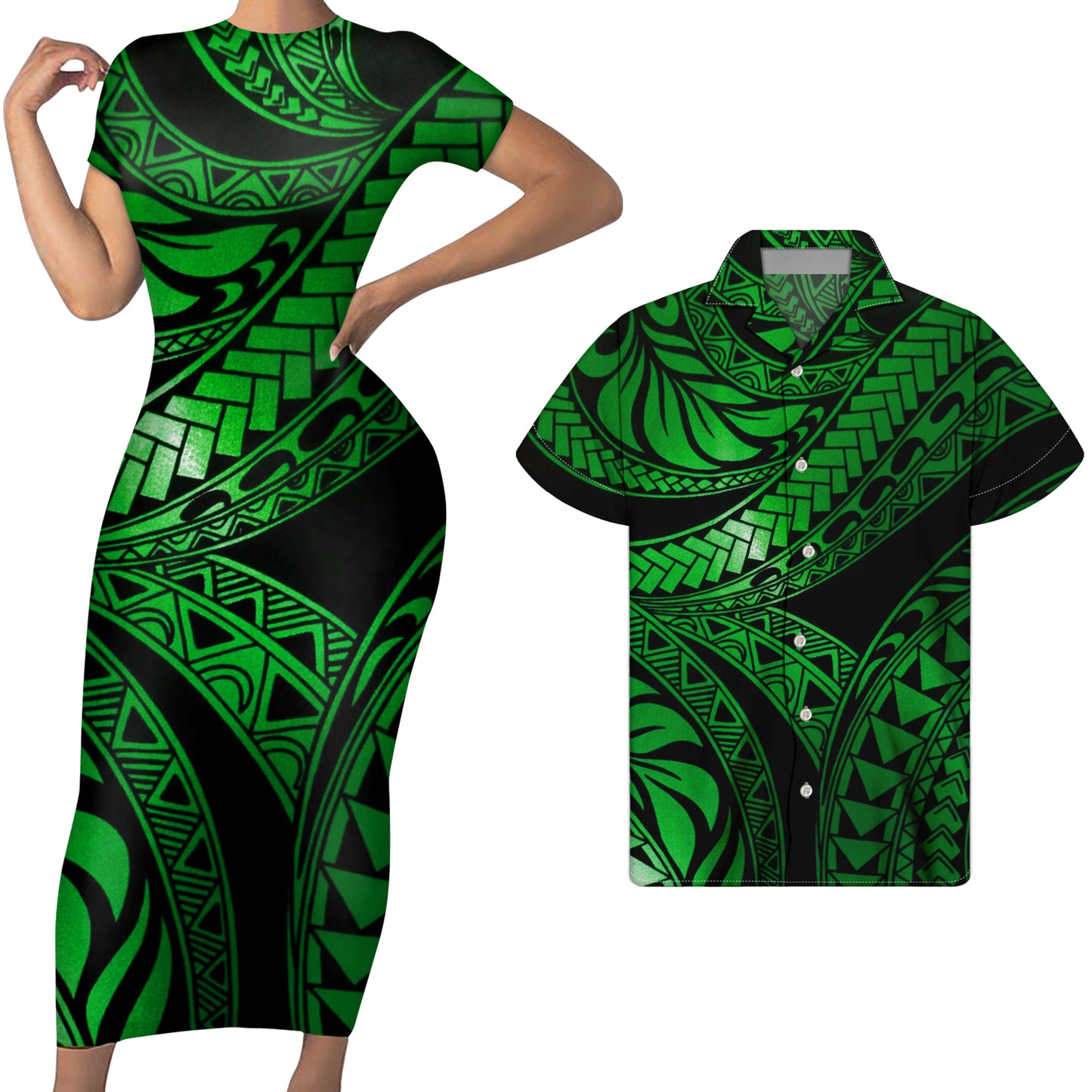 Polynesian Tribal Island Pattern Green Short Sleeve Bodycon Dress And Men Shirt