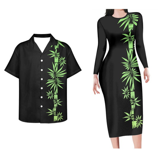 Polynesian Tribal Tropical Tree Pattern Couple Set For Her Him Bodycon Dress And Hawaii Shirt Island Black Matching Outfit For Couple