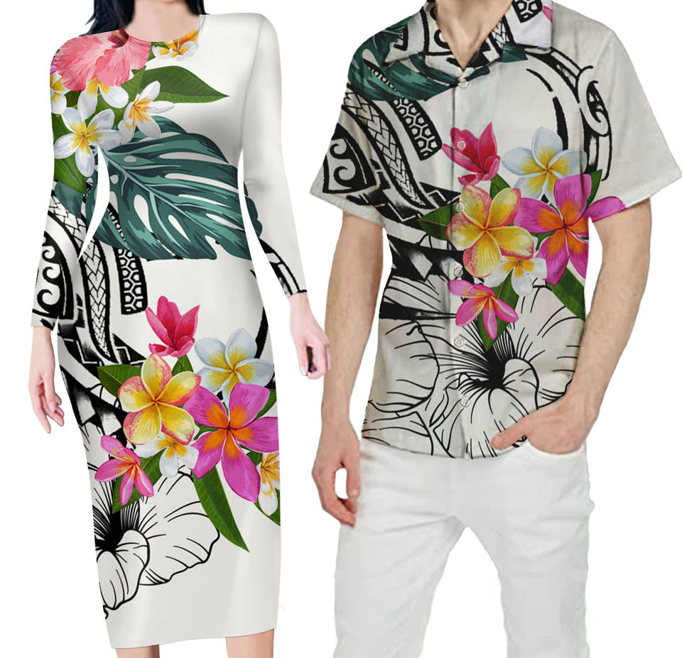 Hawaii Floral White Matching Outfit For Couples Hibiscus Flower Bodycon Dress And Hawaii Shirt
