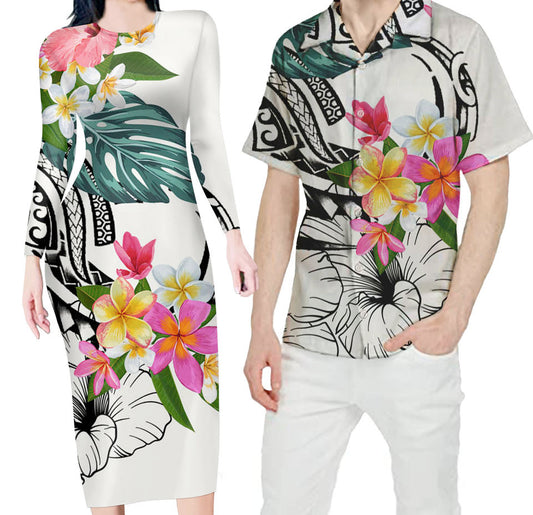 Hawaii Floral White Matching Outfit For Couples Hibiscus Flower Bodycon Dress And Hawaii Shirt
