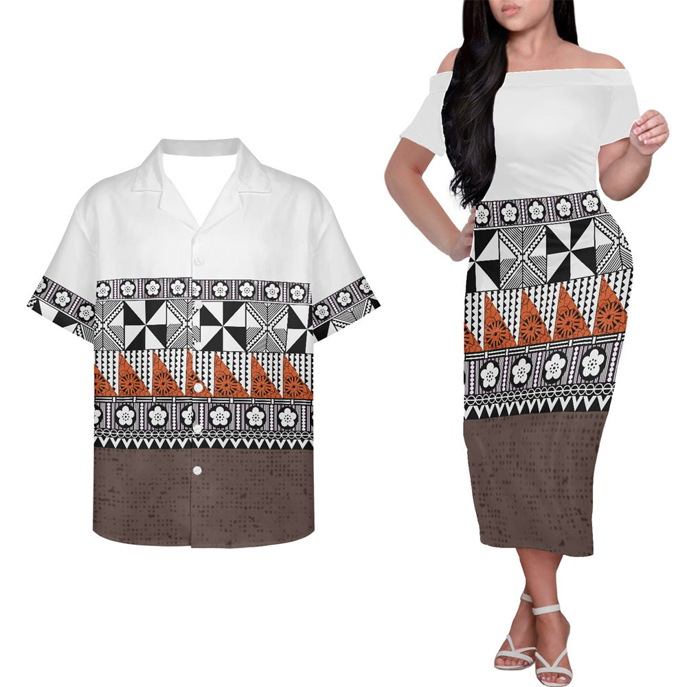 Polynesian Tribal Geometric Pattern Half Style Couple Matching Outfits Island Hung Short Sleeved Dress And Hawaiian Shirt Couple Set For Him Her
