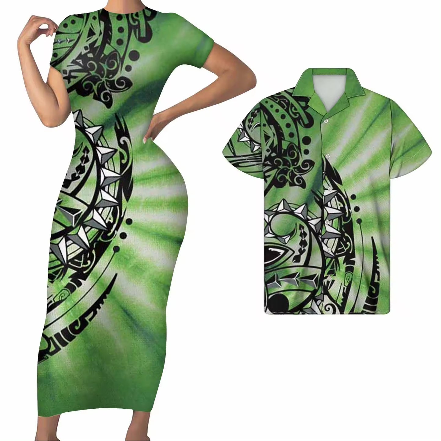 Polynesian Matching Clothes For Couples Polynesian Tribal Curve Flowers Pattern Green Bodycon Dress And Hawaii Shirt