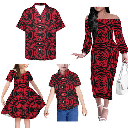 Red Geometric Polynesian Pattern Matching Outfit For Family Dress Hawaiian Shirt For Her Him
