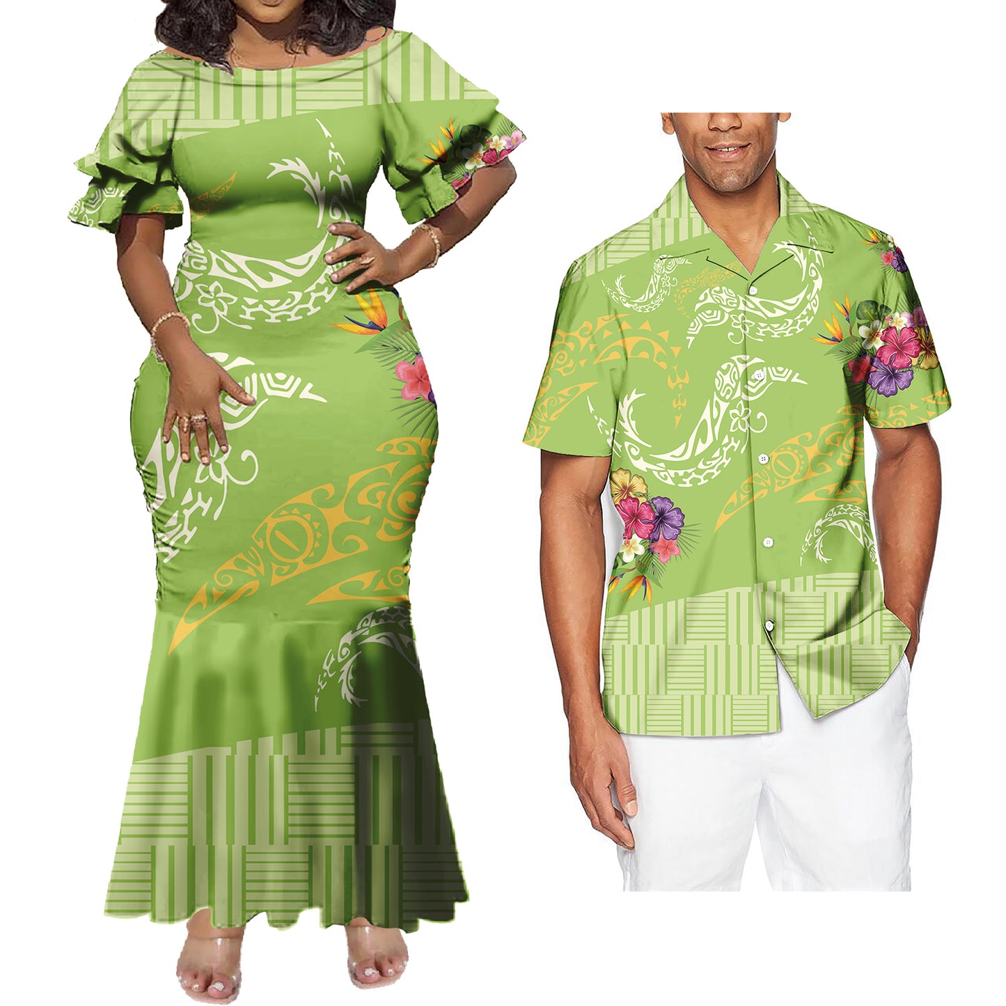 Mermaid Bodycon Dresses and Hawaiian Shirt Polynesian Tropical Flowers Green Matching Outfit