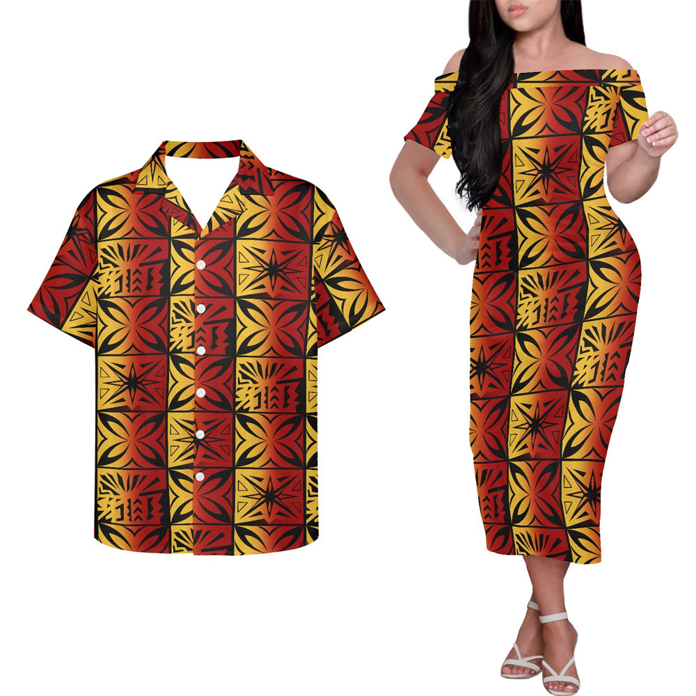 Polynesian Geometric Vintage Tropical Pattern Couple Matching Outfits Island Hung Short Sleeved Dress And Hawaiian Shirt Couple Set