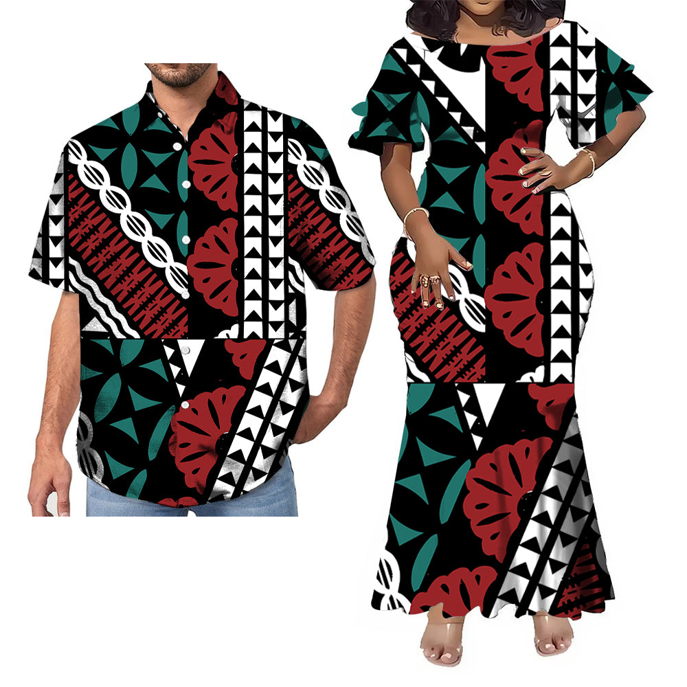 Polynesian Tribal Pattern Black Geometric Fishtail Skirt Dress And Hawaii Shirt Couple Set